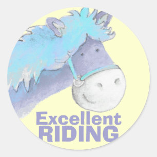 Sticker Rond Cheval / poney équitation jaune bleu éloge