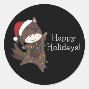 Sticker Rond Cheval Pony Noël Neige Hiver Animaux Chevaux