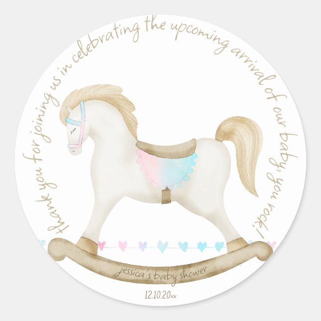 Sticker Rond Cheval Rocher bleu rose Baby shower neutre pour le (Devant)