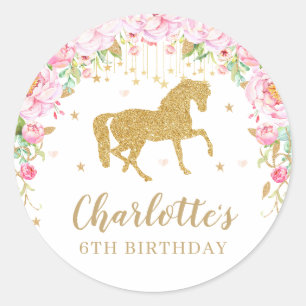 Sticker Rond Cheval rose Floral Anniversaire Merci de fête Favo