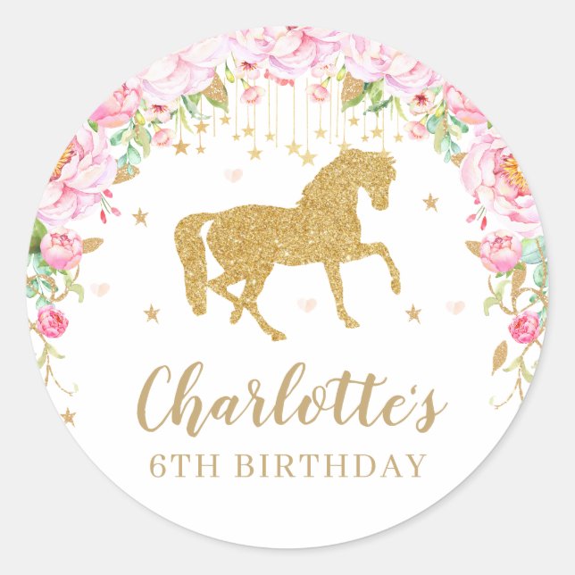 Sticker Rond Cheval rose Floral Anniversaire Merci de fête Favo (Devant)
