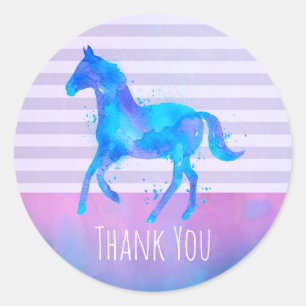 Sticker Rond Cheval sauvage en Merci d'aquarelle bleu et violet