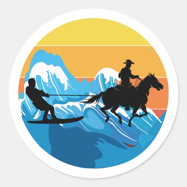 Sticker Rond Cheval Surf Wakeboard Eau Ski Rétro (Devant)