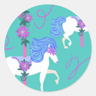 Sticker Rond Chevaux de carrousel Fleurs pourpres décorées
