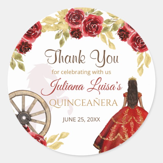 Sticker Rond Chevaux de la Couronne d'or rouge Quinceañera de l (Devant)