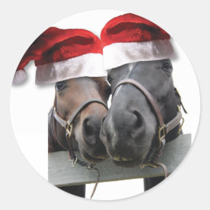 Sticker Rond Chevaux de Noël avec chapeau de Père Noël