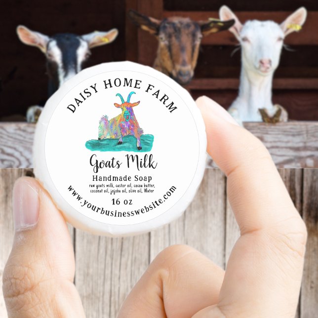 Sticker Rond Chèvres Lait Savon Nom d'entreprise Site Web Color (Goats milk soap colorful screaming goat custom business name website ingredients weight label)