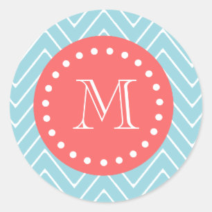 Sticker Rond Chevron bleu et corail avec Monogramme personnalis