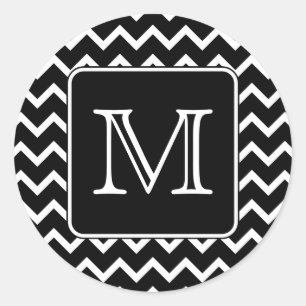 Sticker Rond Chevron noir et blanc avec Monogramme personnalisé