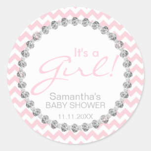 Sticker Rond Chevron rose blanc moderne C'est un Baby shower fé