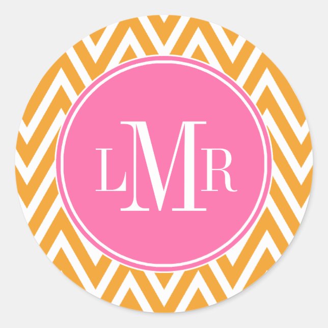 Sticker Rond Chevrons orange et rose Monogramme (Devant)