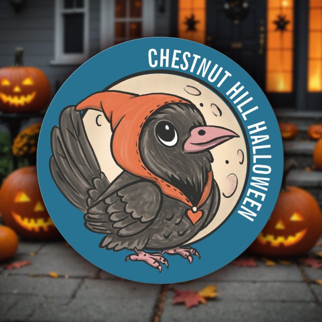 Sticker Rond Chibi Crow & Pleine lune Cute Halloween School Tre (Chibi crow in orange hood with harvest moon - cute, customizable Halloween sticker design.)
