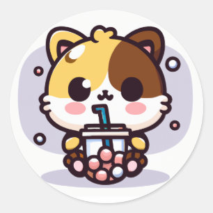 Sticker Rond Chibi Kawaii Chat Boire Bubble Thé Classique Round