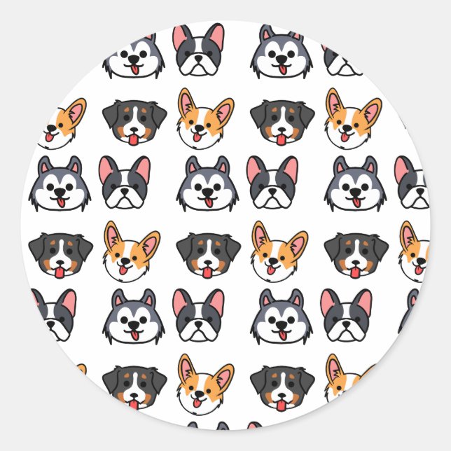 Sticker Rond Chibi Puppy Pack patern - dessin animé style chien (Devant)