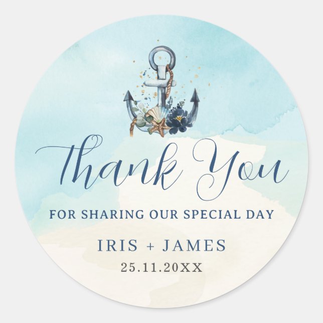 Sticker Rond Chic Ancre nautique Moderne Plage Mariage (Devant)