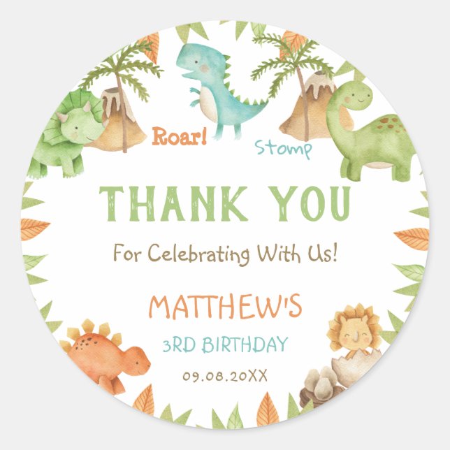 Sticker Rond Chic Aquarelle mignonne Dinosaure Anniversaire Fêt (Devant)