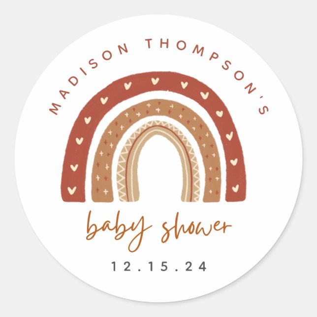 Sticker Rond Chic Baby shower Arc-en-ciel en terre cuite Boho (Devant)