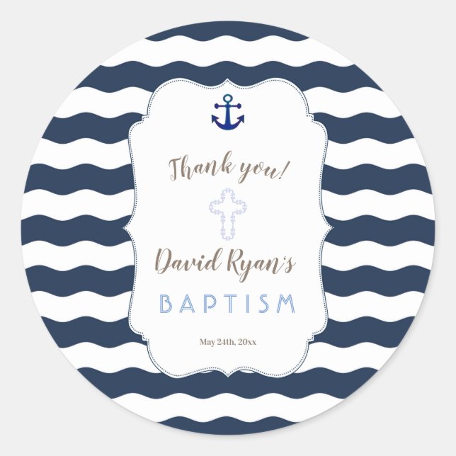 Sticker Rond Chic Baptême Nautique Vagues Ancre (Devant)
