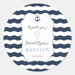 Sticker Rond Chic Baptême Nautique Vagues Ancre