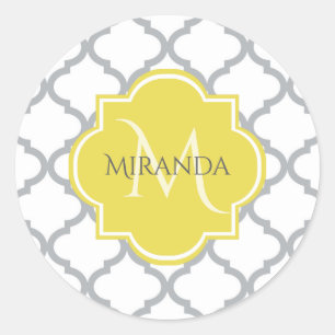 Sticker Rond Chic Blanc Gris Quatrefoil Jaune Nom Monogramme