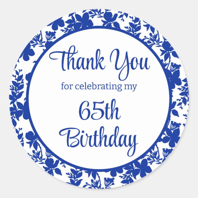 Sticker Rond Chic Blue Floral 65e fête d'anniversaire (Devant)