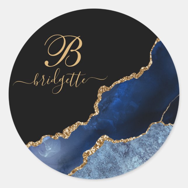 Sticker Rond Chic Blue Gold Parties scintillant Agate Géode Mon (Devant)