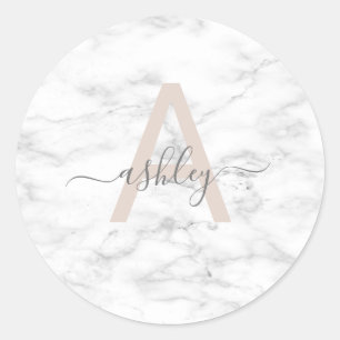 Sticker Rond Chic Blush Pink White Marble Script Nom monogram