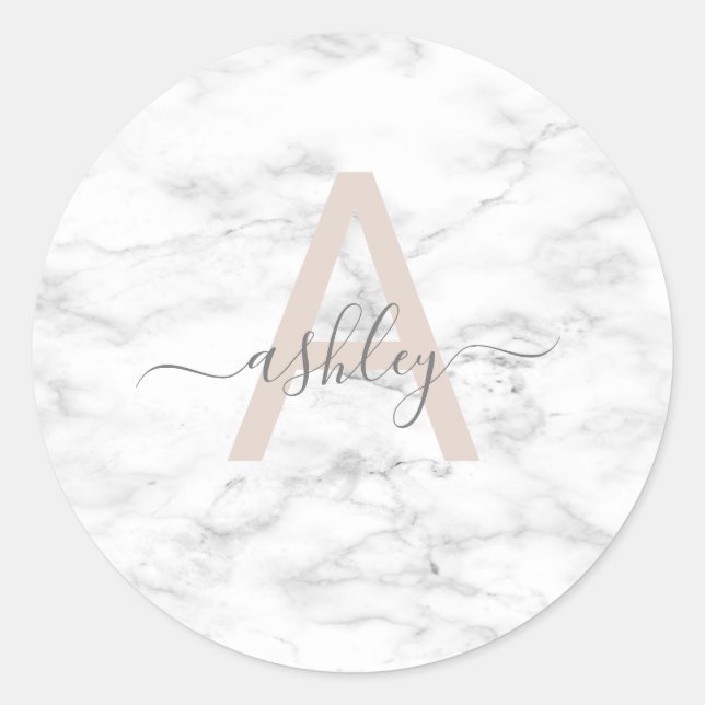 Sticker Rond Chic Blush Pink White Marble Script Nom monogram (Devant)