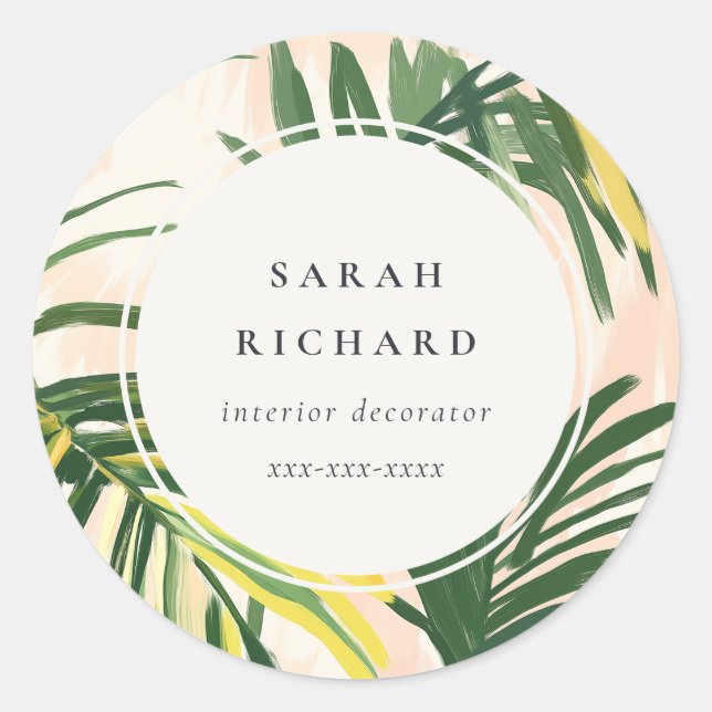 Sticker Rond Chic Boho Blush Green Tropical Palm Plage Feuille (Devant)