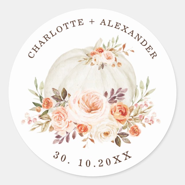 Sticker Rond Chic Boho Fall Floral Blanc Citrouille de mariage  (Devant)