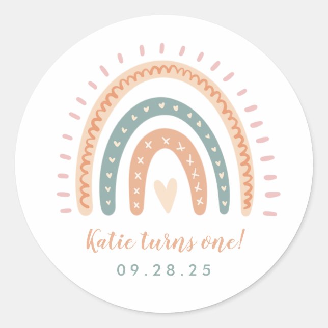 Sticker Rond Chic Boho Rainbow Pastel Premier Anniversaire (Devant)
