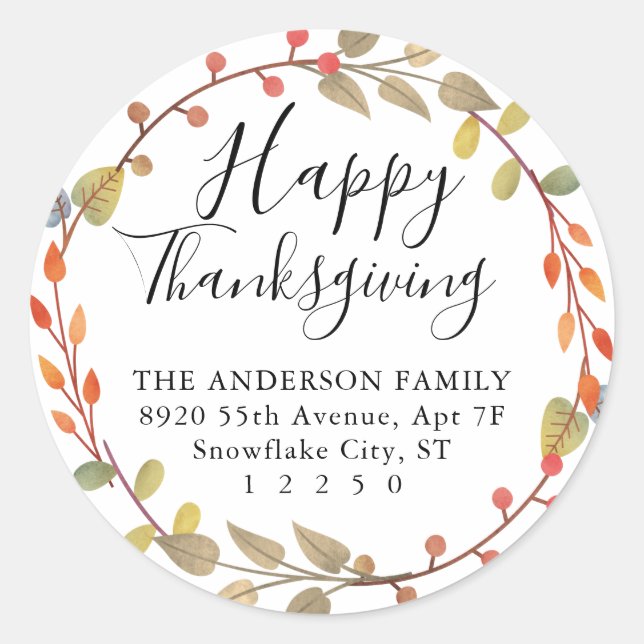 Sticker Rond Chic Bon thanksgiving Automne Automne Wreath Adres (Devant)