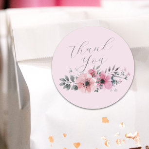 Sticker Rond Chic botanique floral gris rose fleur Merci