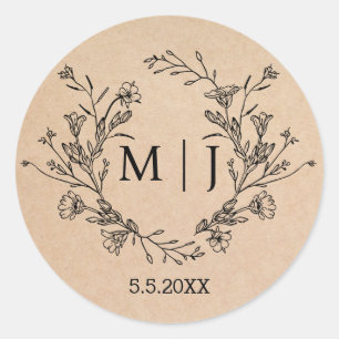 Sticker Rond chic botanique simple monogramme mariage kraft