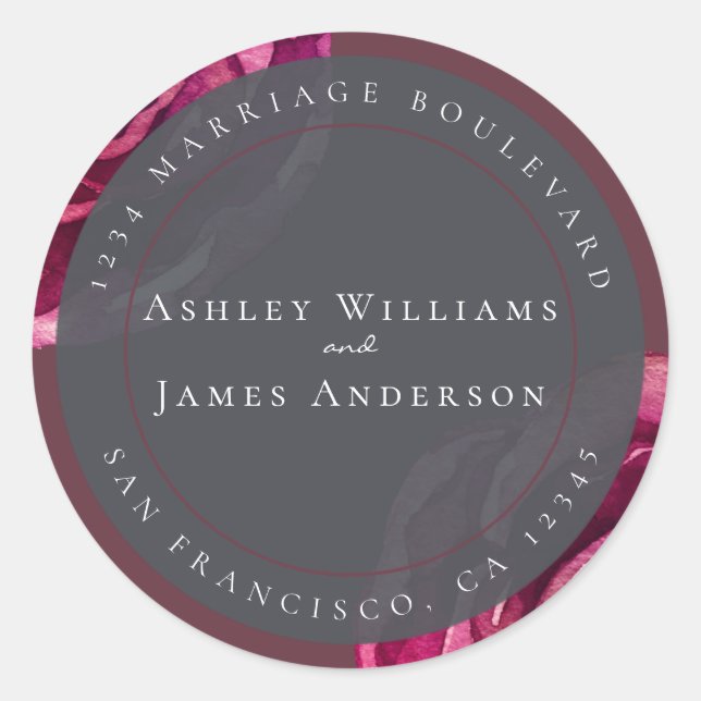 Sticker Rond Chic Bourgogne Floral Moderne Mariage Adresse de r (Devant)