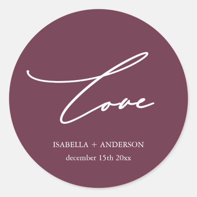 Sticker Rond Chic Burgundy Love Script avec Mariage de nom (Devant)