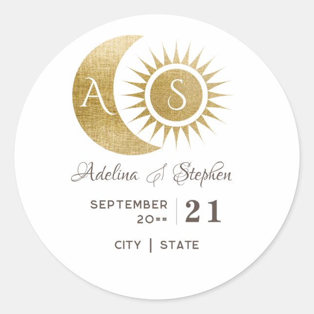 Sticker Rond Chic Céleste Blanc Or Soleil Lune Monogramme Crest (Devant)