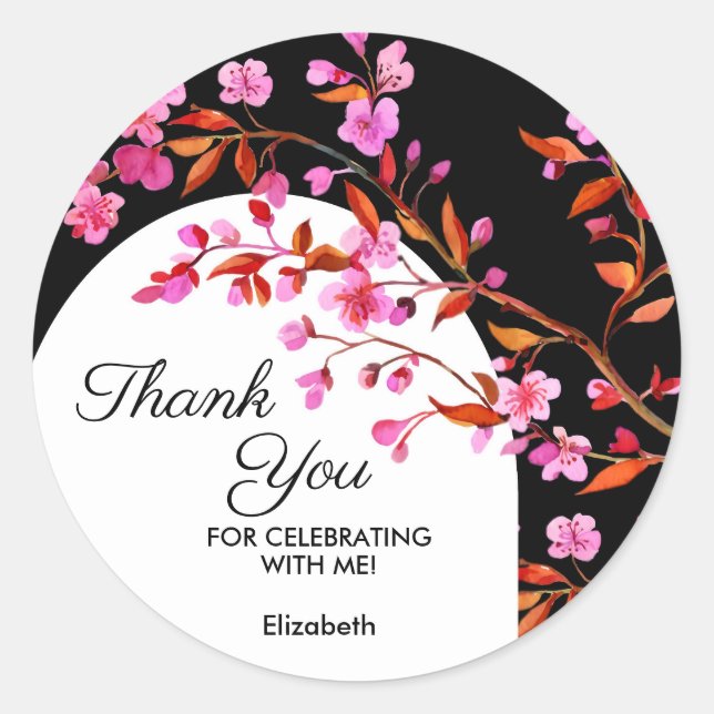 Sticker Rond Chic cerise en fleurs Sakura noir blanc anniversai (Devant)