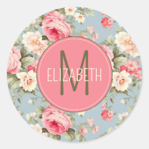Sticker Rond Chic Chic Pink et Blue Cottage Rose Monogramme