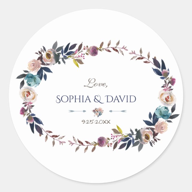 Sticker Rond Chic Dusty Blue Misty Rose Mariage de couronne (Devant)