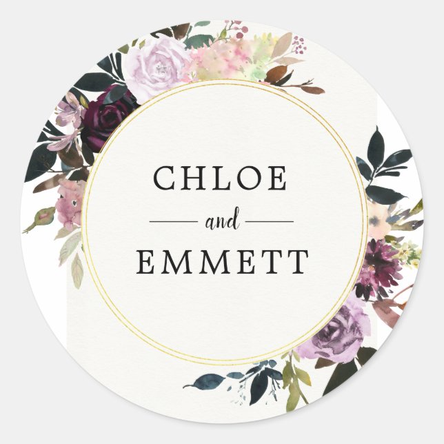 Sticker Rond Chic Elegant Personnalisé Rose violet Mariage Flor (Devant)