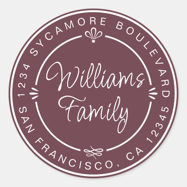 Sticker Rond Chic Family Monogram Adresse de retour Bourgogne (Devant)
