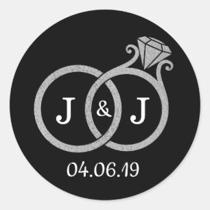 Sticker Rond Chic Faux Argent Huile Monogramme Mariage Cercles