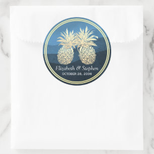 Sticker Rond Chic Faux Gold Ananas Couple Blue Wave Mariage