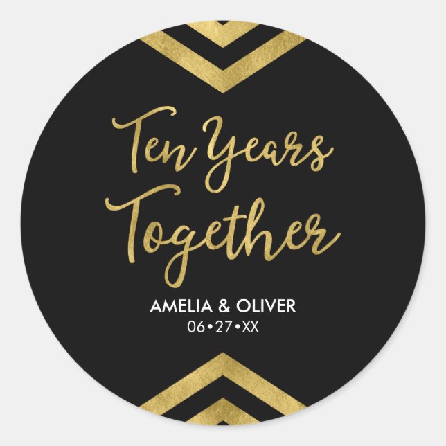 Sticker Rond Chic Faux Gold Chevron 10e anniversaire fête (Devant)