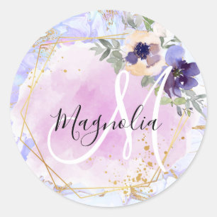 Sticker Rond Chic Floral Bleu Rose Or Licorne Arc-en-Ciel Marbr