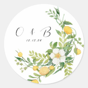 Sticker Rond Chic Floral et citron vert Mariage Monogramme