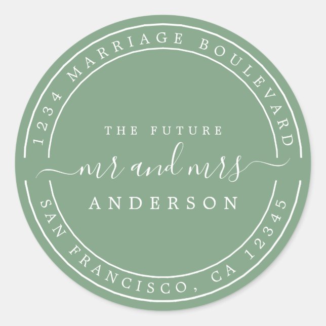Sticker Rond Chic Future M. Mme Mariage Retour Adresse Green (Devant)
