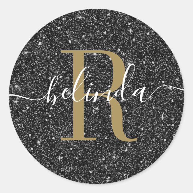 Sticker Rond Chic Gold Black Parties scintillant Nom du monogra (Devant)