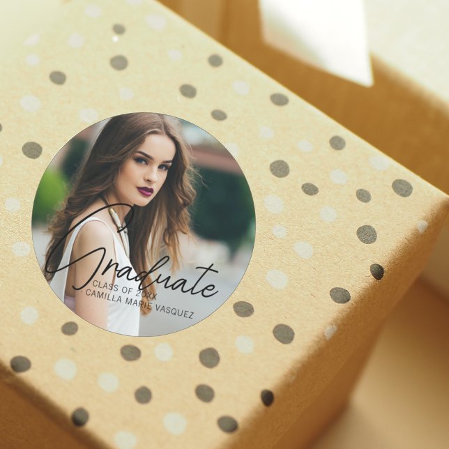 Sticker Rond Chic Graduation Photo manuscrite Script superposit (Créateur téléchargé)